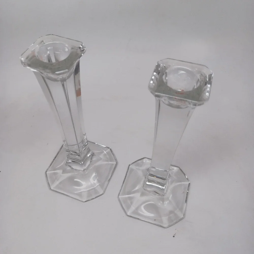 Vintage Clear Crystal Glass Hexagonal Base Taper Candlestick Holders Pair 7.75in